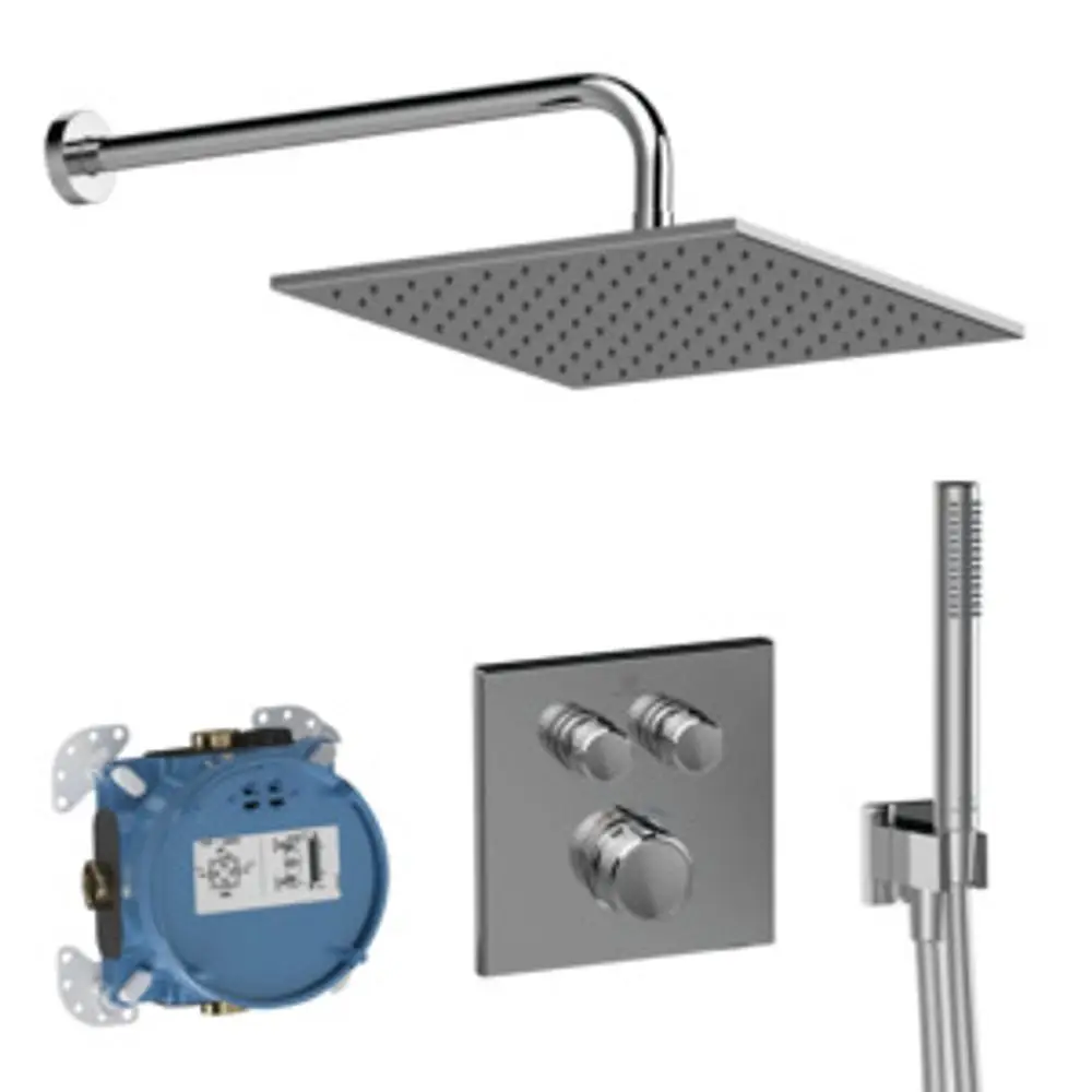 Armaturenpaket bestehend aus einer Duschkopfbrause, einem Wandarm, einem Thermostat-Element und einer Handbrause mit Schlauch, geliefert von Ideal Standard.